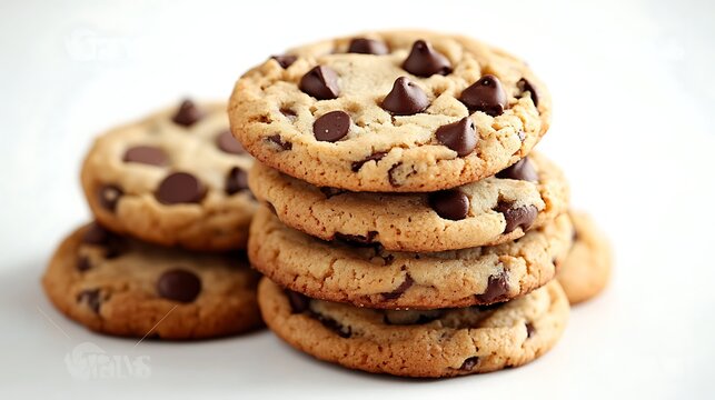 A stack of chocolate chip cookies on a white surface with more cookies in the background blurred out