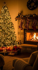 Cozy Christmas scene with decorated tree fireplace and gifts providing warmth and holiday spirit