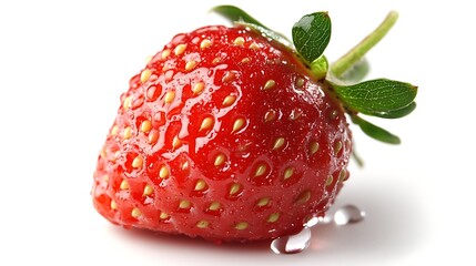 Close up of a vibrant red strawberry with water droplets and green leaves on a white background