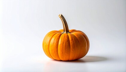 Single orange pumpkin on white surface with soft shadow.