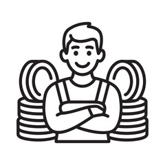 Smiling mechanic standing confidently with stacked tires