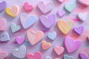 Obraz premium Colorful abstract pastel background featuring hearts in various sizes and colors creating a whimsical and romantic atmosphere suitable for multiple design projects