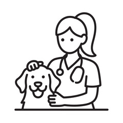 Veterinarian with a happy dog in a simple line drawing style