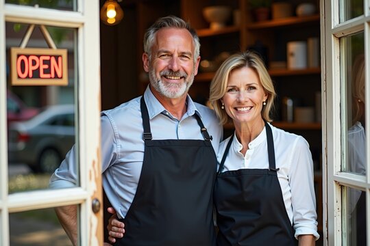Small business ownership and family enterprise concept with a smiling mature couple welcoming customers at their shop door. - Powered by Adobe