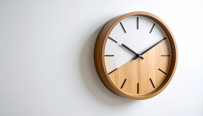 Modern wall clock with diagonal wood and white face at 10:10.