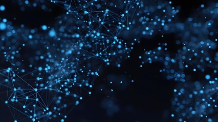 Blue abstract network of glowing nodes connected by lines, like a neural mesh in dark space. Concept Blue glowing network of nodes, Abstract neural mesh in dark space