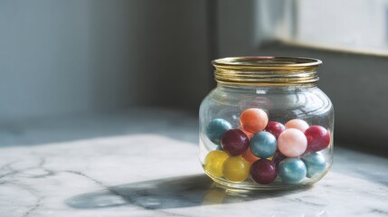 A glass jar filled with colorful marbles, resting on a marble surface, illuminated by natural light from a nearby window.