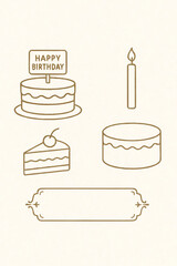 線画で描かれたナチュラルなバースデーイラストセット