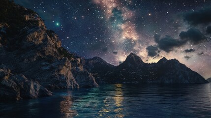 Stunning night sky with stars over mountains and calm water reflecting beauty of the universe