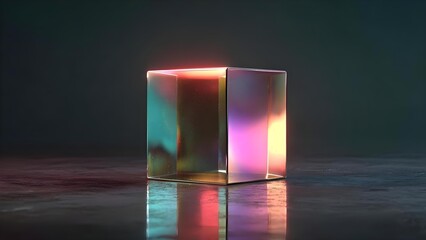 A transparent glass cube prism glowing with iridescent pink, teal and gold light, reflected on a dark surface. Concept Glass prism, Iridescent glow, Pink teal gold light, Dark reflective surface