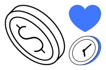 Black coin with dollar sign, blue clock, and heart showing connection between time, wealth, and emotions. Ideal for finance, time management, love, priority work-life balance productivity