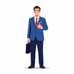 Obraz premium Successful businessman in a blue suit holding a briefcase and showing a thumbs up sign.