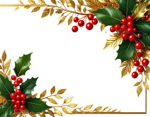  Elegant Christmas Border with Red Berries and Gold Leaves, Top Frame Design, Isolated on Transparent Background. 