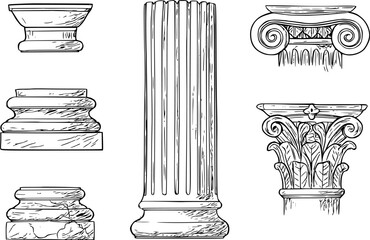 Ancient Greek and Roman Columns Hand-Drawn Illustration Set. Including Ionic, Doric, and Corinthian Capitals in Ink Sketch Style.