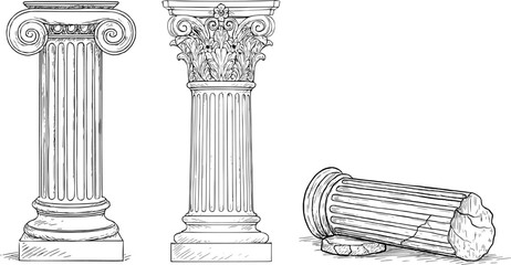 Classical Architecture Column Illustration Set. Containing Doric, Ionic, and Corinthian Orders. Hand-Drawn Ancient Pillar Collection.