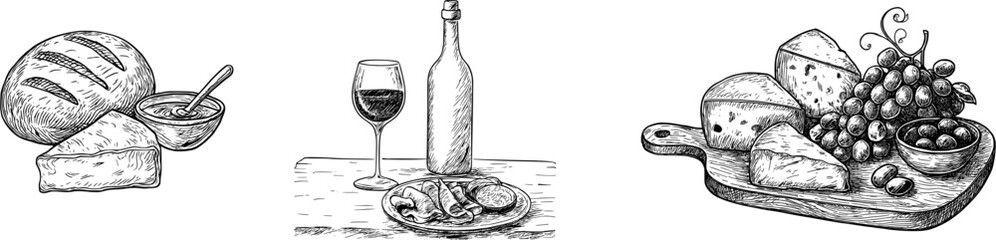 Hand-Drawn Wine and Cheese Board Illustrations. Rustic European Food Collection in Vintage Ink Drawing Style.