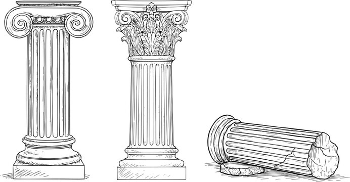 Classical Architecture Column Illustration Set. Containing Doric, Ionic, and Corinthian Orders. Hand-Drawn Ancient Pillar Collection.
