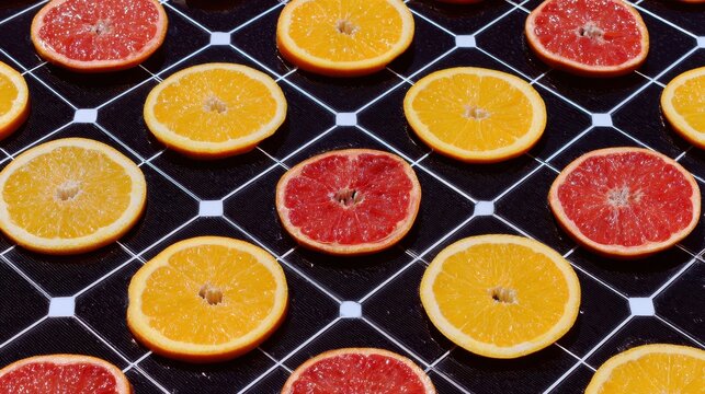Colorful citrus slices arranged neatly on a patterned surface, showcasing the vibrant yellow and red hues of oranges and grapefruits.
