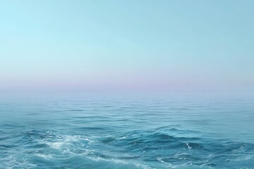 Obraz premium Tranquil blue ocean with gentle waves meeting the serene horizon at dawn, creating a peaceful ambiance for reflection and inspiration