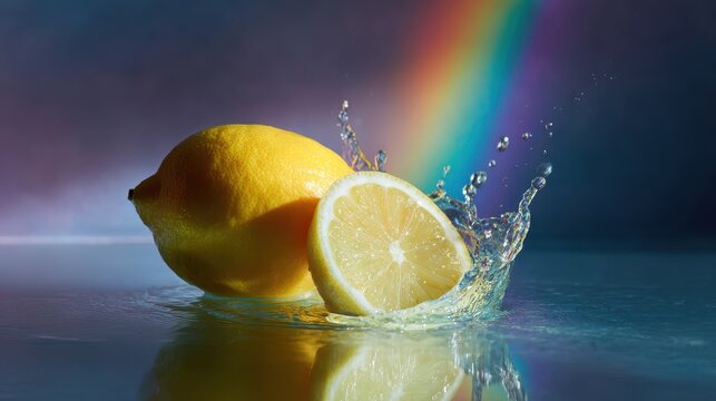 A vibrant lemon splashes in water, accompanied by a colorful rainbow, creating a fresh and lively image.