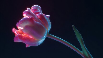A vibrant, illuminated tulip with a soft glow against a dark background.
