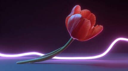 A vibrant tulip with a sleek stem is elegantly positioned against a dark backdrop, illuminated by a striking neon light.