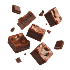 Delicious Brownie Squares and Chocolate Pieces Floating on Transparent Background for Recipe Illustration