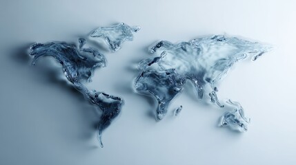 A translucent, fluid representation of the world map, emphasizing water's movement and form, creating a unique artistic effect.