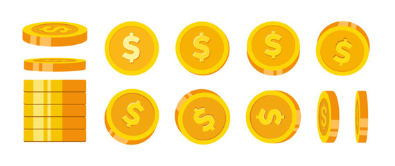 Set of golden coins with dollar sign for business, finance, and investment concept. Gold coins, isolated, flat, golden money, token vector illustration