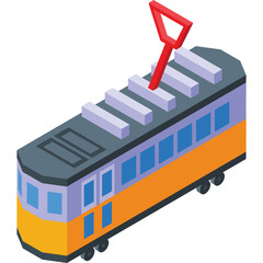 Classic Yellow and Orange Tram with Blue Windows and Gray Roof Featuring a Red Trolley Pole Against a Transparent Background Isolated Transportation Object