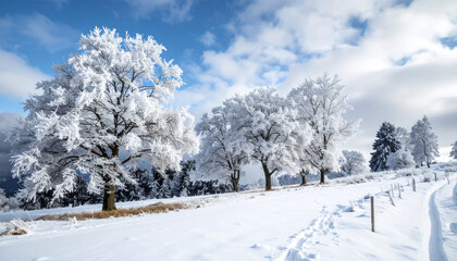 the big trees on the side of the road are already covered in snow in winter