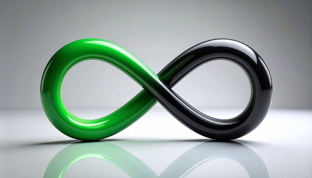 Glossy green and black infinity symbol on light gradient background.