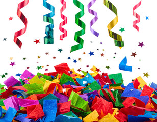 Colorful Holiday Confetti Burst with Streamers and Stars, Transparent PNG. And transparent the background.