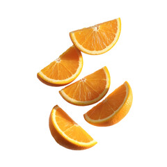 Fototapeta premium Five Orange Wedges Floating Isolated on Transparent Background with Black Backdrop