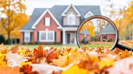 Magnifying Autumn Charm: An inviting house is framed by a lens, focusing the essence of the season with fall foliage, creating a warm, idyllic setting.