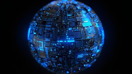 Blue glowing sphere covered in intricate electronic circuit patterns. Concept Blue glowing sphere, Intricate circuit patterns, Futuristic tech aesthetics, Cyberpunk design element, High-tech ornament