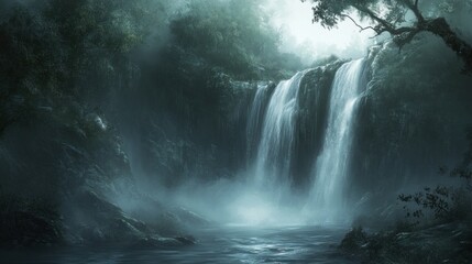 Soft, diffused lighting on a waterfall in a foggy ancient forest, creating a moody and atmospheric scene