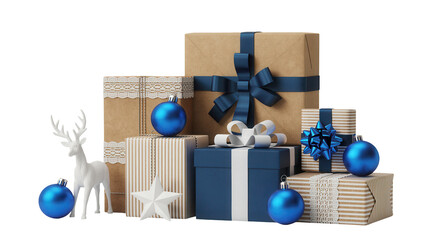 A festive arrangement of stacked christmas presents and ornaments with a white reindeer figure isolated on transparent background