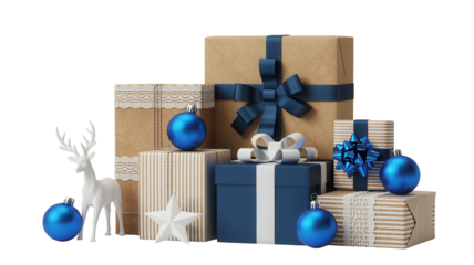A festive arrangement of stacked christmas presents and ornaments with a white reindeer figure isolated on transparent background