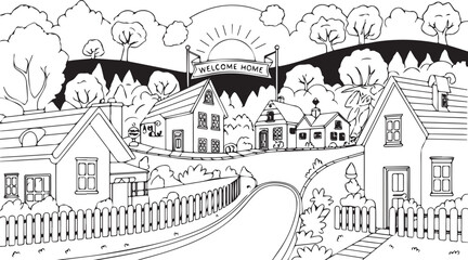 Fototapeta premium Vector art of a welcoming village scene with a banner that says welcome home