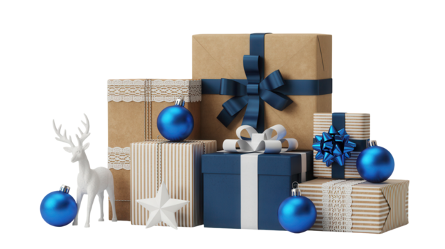 A festive arrangement of stacked christmas presents and ornaments with a white reindeer figure isolated on transparent background