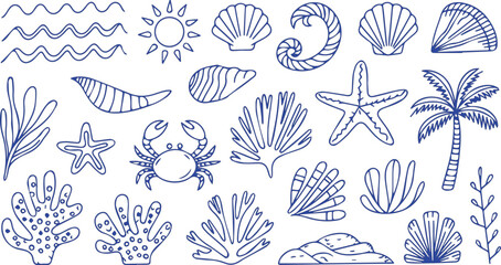 Vector art of collection of blue line art sea elements