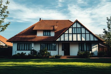 Obraz premium Classic European suburban house with red tiled roof and white facade — traditional architecture design with elegant timber details and green front lawn. Created with Ai
