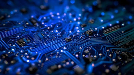 Macro shot of a blue printed circuit board with intricate copper traces and small electronic components. Concept Macro photography, Blue PCB, Copper traces, Surface-mount components