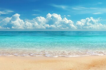 Obraz premium Expansive view of the serene ocean meeting the golden sand under a vibrant blue sky filled with fluffy clouds
