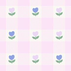 Tulip vector pattern on a check, seamless repeating background. Pastel flower and tartan pattern, floral wallpaper design for cards, fabric, wrapping, textiles, wallpaper, and stationery.