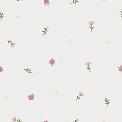 Cute floral seamless pattern with flowers and branches. Wildflower vector illustration in spring or summer. Elegant template for fabric, wallpaper, stationery, wrapping, card, and phone cases.