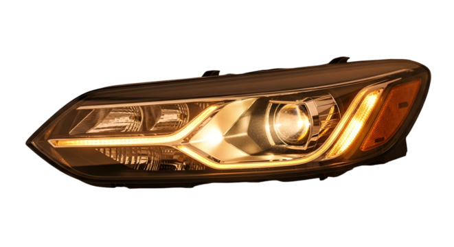 Car Headlight with Bright Warm Lights on Transparent Background