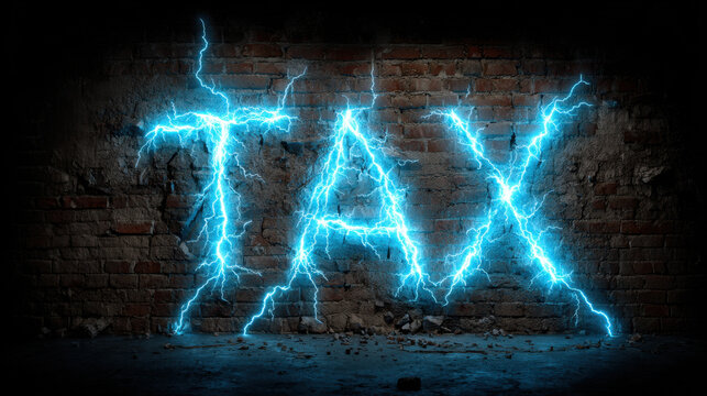 Electric blue letters spell tax on textured wall, creating striking visual impact that captures attention and evokes strong emotions