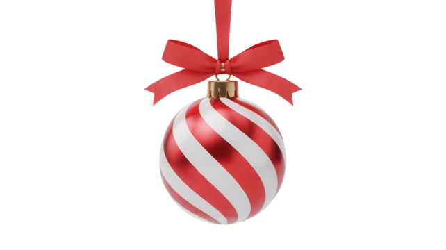A festive red and white striped oval christmas ornament with a red ribbon and bow hanging isolated on transparent background